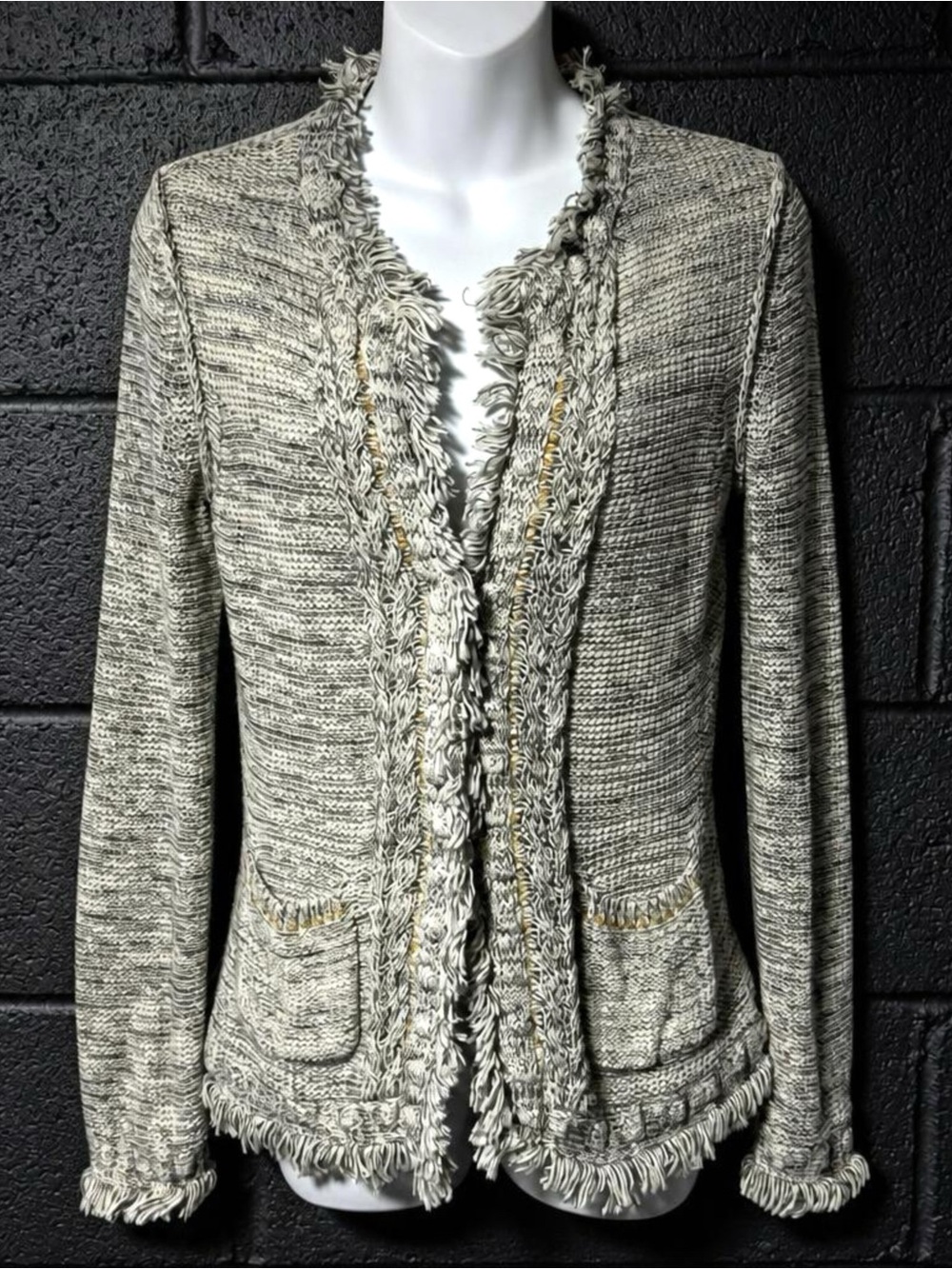 J. McLaughlin Marled Fringe Knit Cardigan Sweater XS Quiet Luxury Office Chic